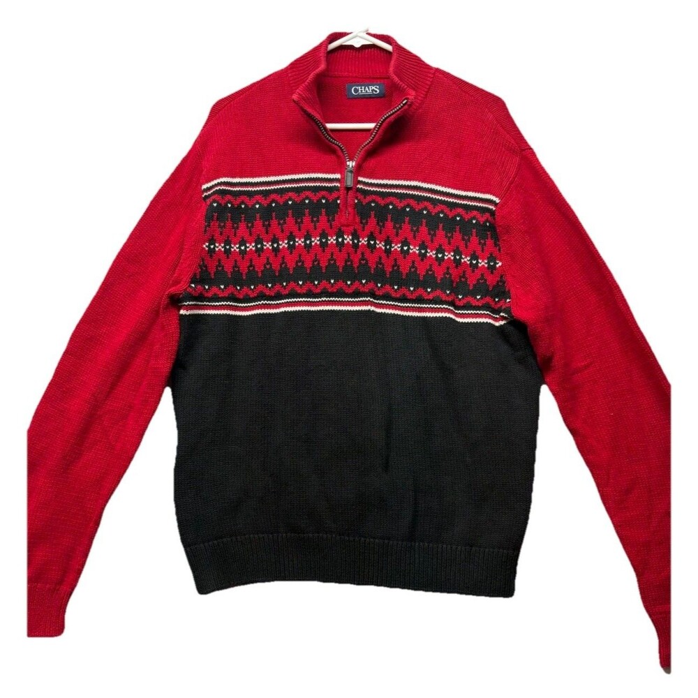 Chaps Mens Quarter Zip Sweater L Red Black Fair Isle Nordic Knit Cotton Pullover